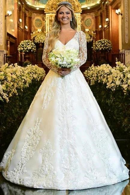 Charming A-Line Lace Sweetheart Long Sleeve White Wedding Dress With Appliques by misshow.com