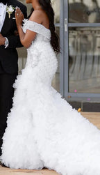 Charming A-line Off the Shoulder Wedding Dress with Chapel Train by misshow.com