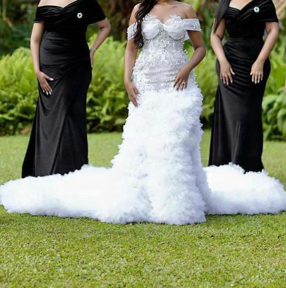 Charming A-line Off the Shoulder Wedding Dress with Chapel Train by misshow.com