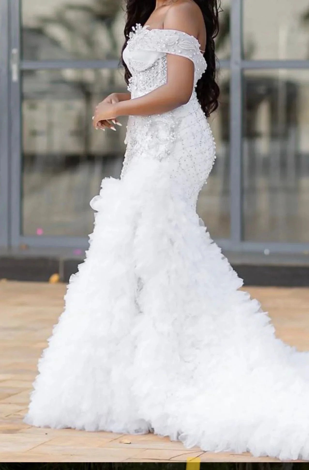 Charming A-line Off the Shoulder Wedding Dress with Chapel Train by misshow.com