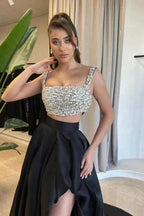 Charming A-Line Satin Square Sleeveless Black Prom Dresses With Split by misshow.com