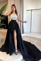 Charming A-Line Satin Square Sleeveless Black Prom Dresses With Split by misshow.com