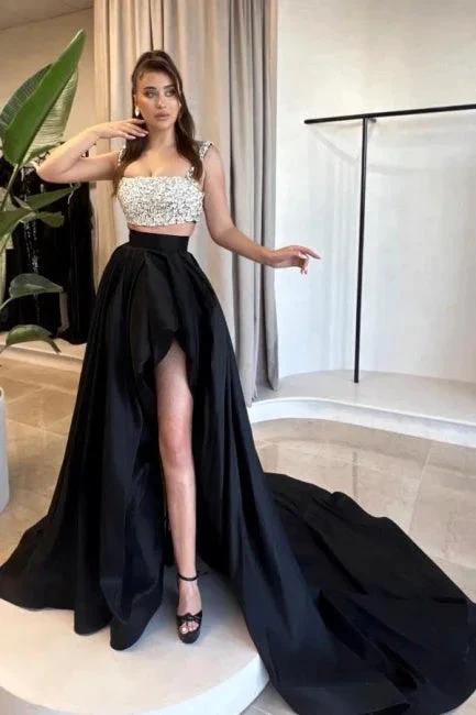 Charming A-Line Satin Square Sleeveless Black Prom Dresses With Split by misshow.com