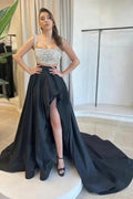 Charming A-Line Satin Square Sleeveless Black Prom Dresses With Split by misshow.com