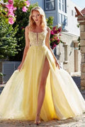 Charming A-Line Tulle Lace Spaghetti Straps Sleeveless Prom Dresses With Split Front by misshow.com