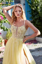 Charming A-Line Tulle Lace Spaghetti Straps Sleeveless Prom Dresses With Split Front by misshow.com