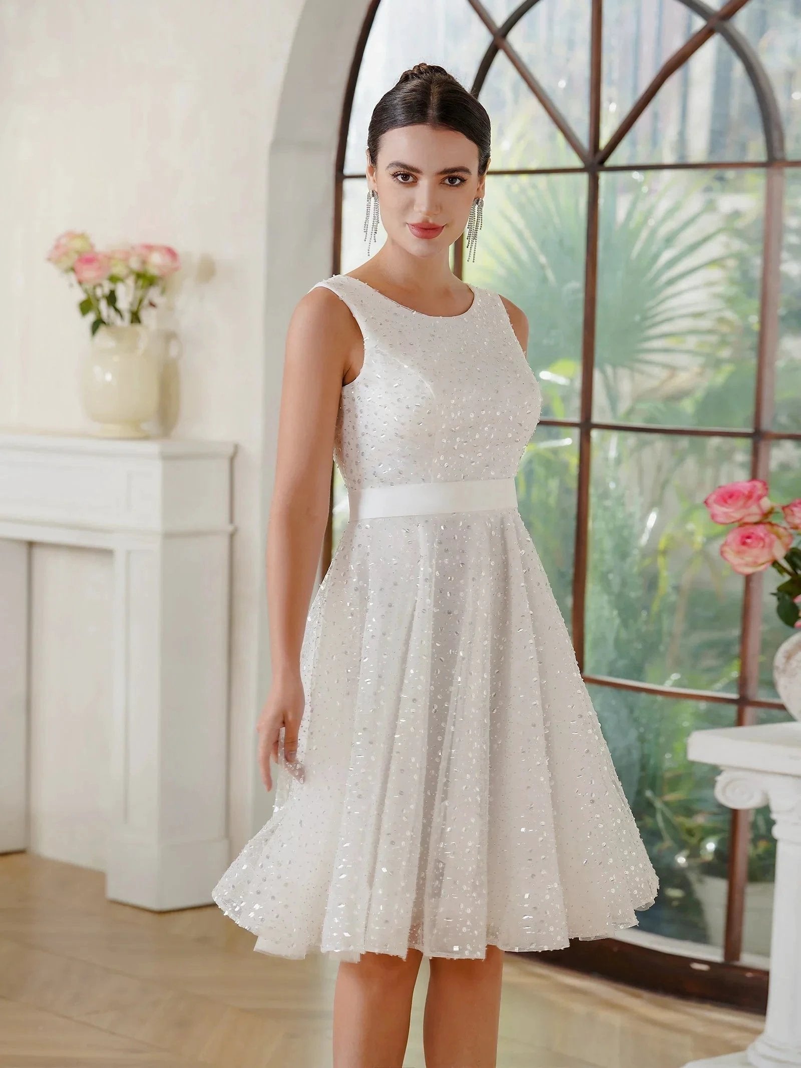 Charming A-Line Tulle Polyester Scoop Sleeveless Off White Prom Dresses With Sequined by misshow.com