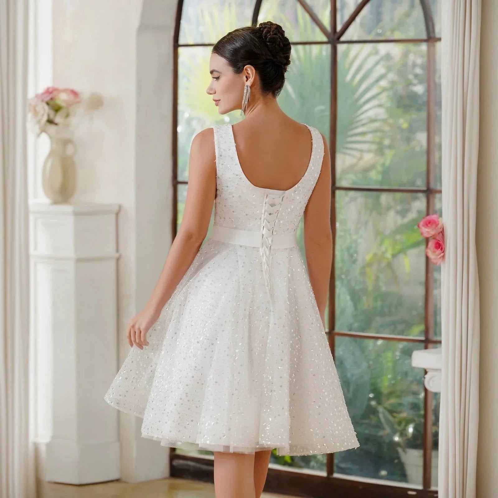 Charming A-Line Tulle Polyester Scoop Sleeveless Off White Prom Dresses With Sequined by misshow.com