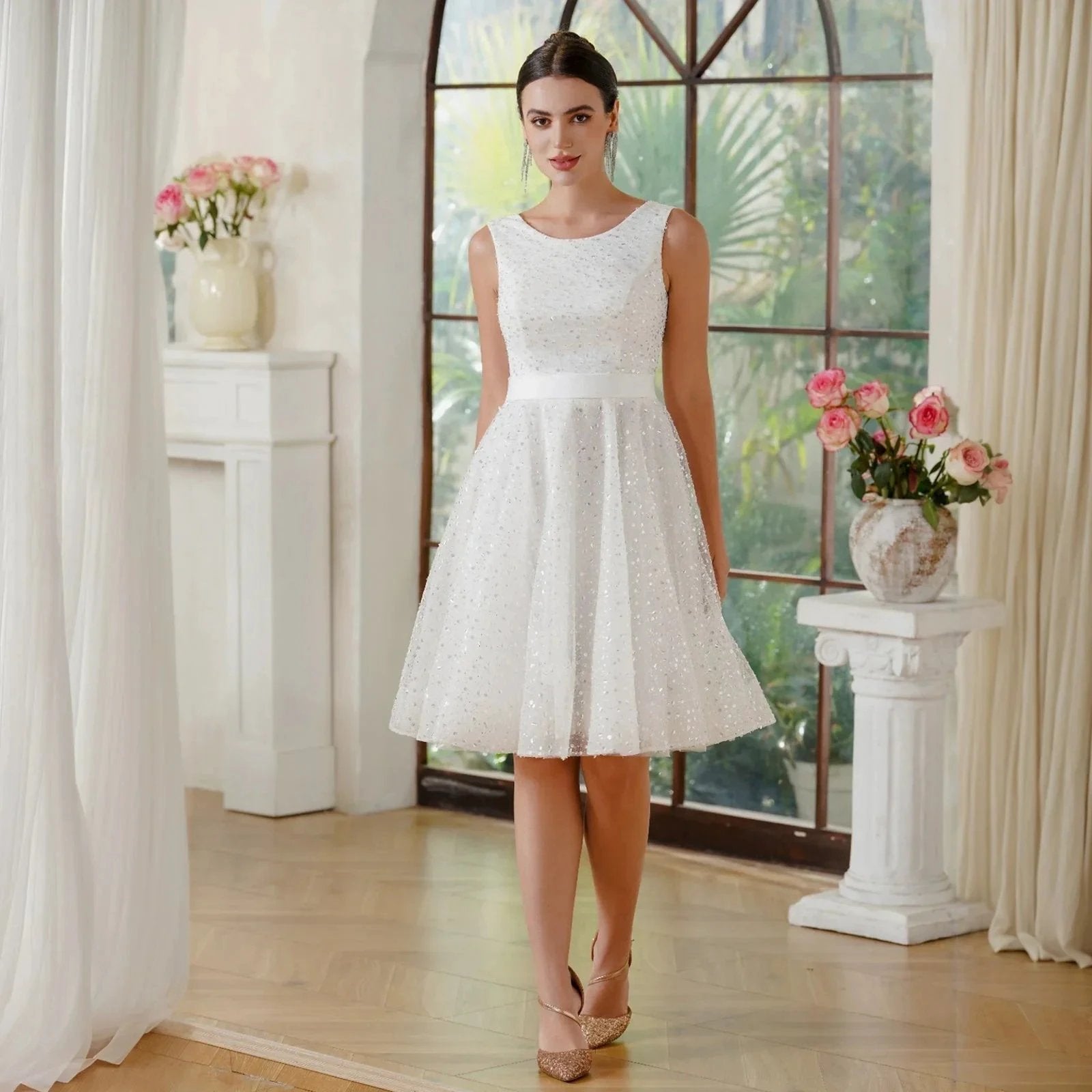 Charming A-Line Tulle Polyester Scoop Sleeveless Off White Prom Dresses With Sequined by misshow.com