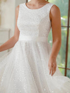 Charming A-Line Tulle Polyester Scoop Sleeveless Off White Prom Dresses With Sequined by misshow.com