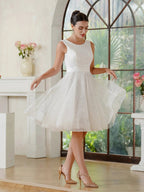 Charming A-Line Tulle Polyester Scoop Sleeveless Off White Prom Dresses With Sequined by misshow.com