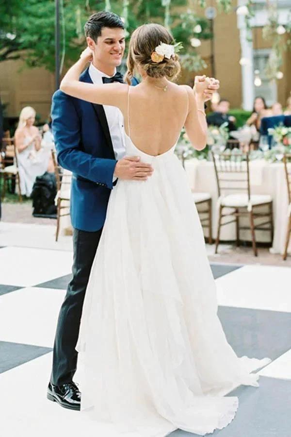 Charming A Line V Neck Backless Ivory Tulle Wedding Dresses WD329 by pgmdress
