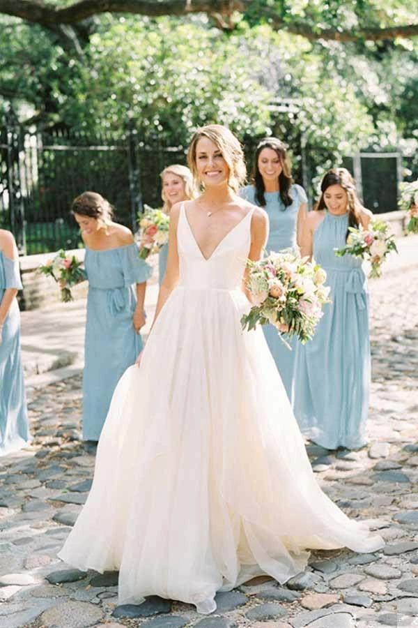 Charming A Line V Neck Backless Ivory Tulle Wedding Dresses WD329 by pgmdress