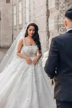 Charming Ball Gown Lace Square Sleeveless White Wedding Dresses With Appliques by misshow.com