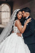 Charming Ball Gown Lace Square Sleeveless White Wedding Dresses With Appliques by misshow.com