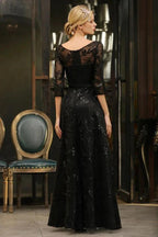 Charming Black Half Sleeves Tulle Sequins Evening Dress 20s Aline Prom Dress by misshow.com