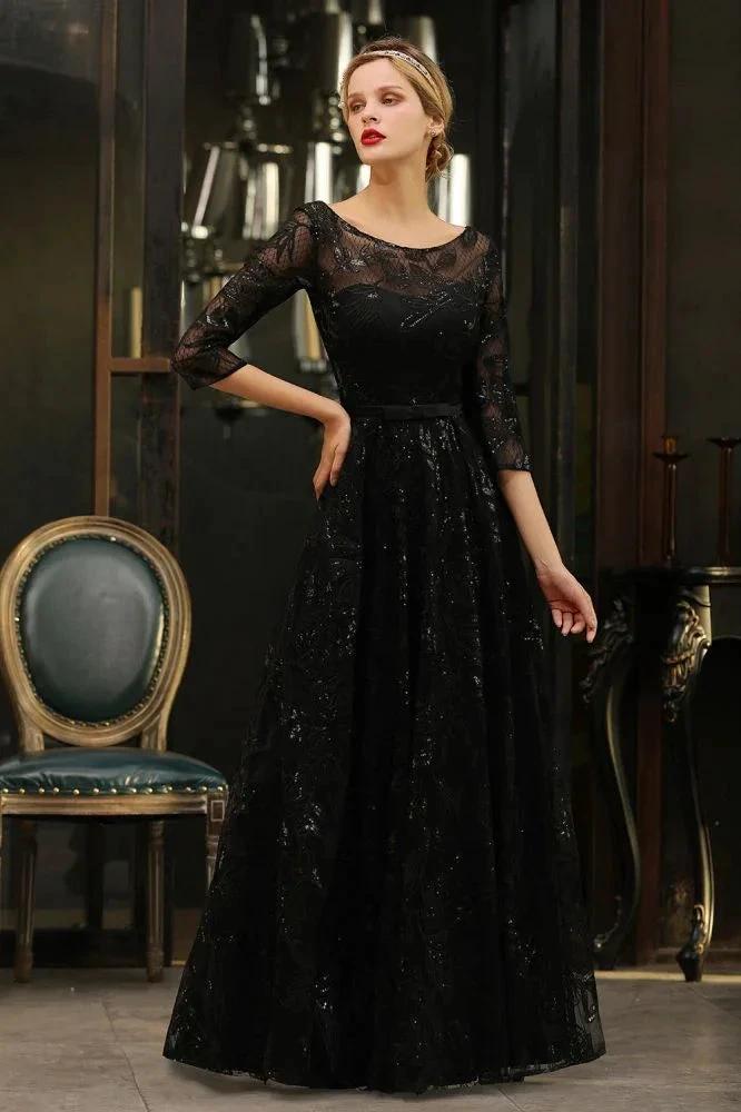 Charming Black Half Sleeves Tulle Sequins Evening Dress 20s Aline Prom Dress by misshow.com