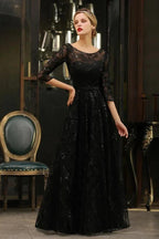 Charming Black Half Sleeves Tulle Sequins Evening Dress 20s Aline Prom Dress by misshow.com