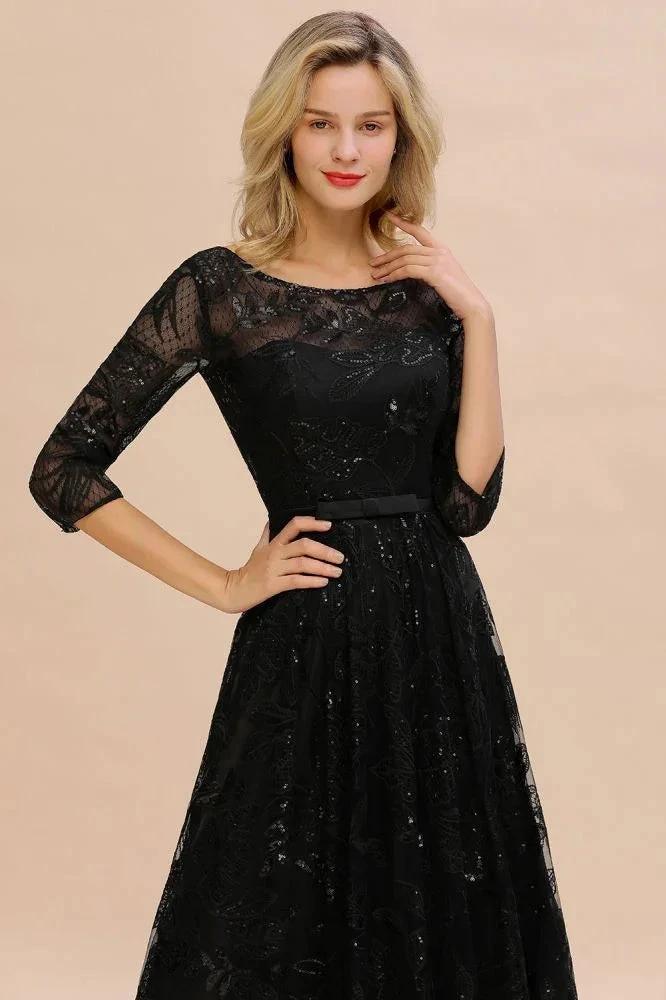 Charming Black Half Sleeves Tulle Sequins Evening Dress 20s Aline Prom Dress by misshow.com