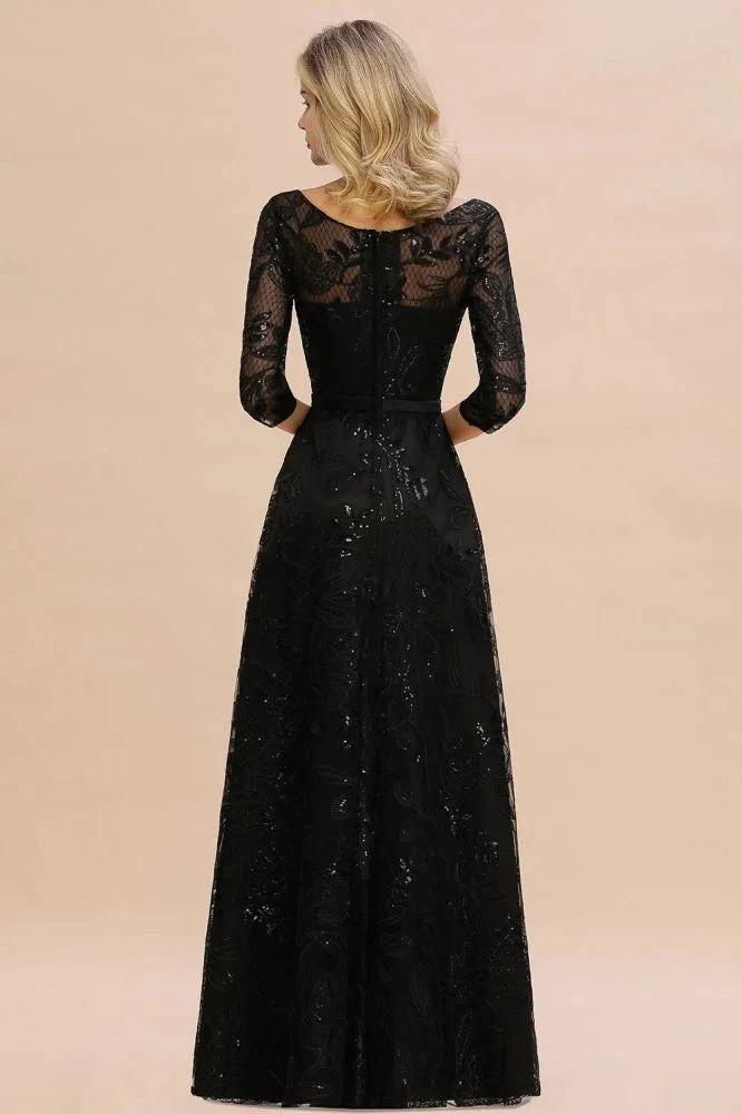 Charming Black Half Sleeves Tulle Sequins Evening Dress 20s Aline Prom Dress by misshow.com