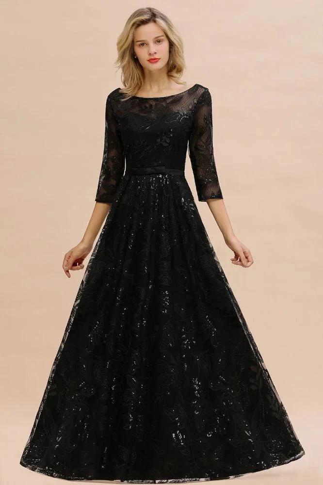 Charming Black Half Sleeves Tulle Sequins Evening Dress 20s Aline Prom Dress by misshow.com