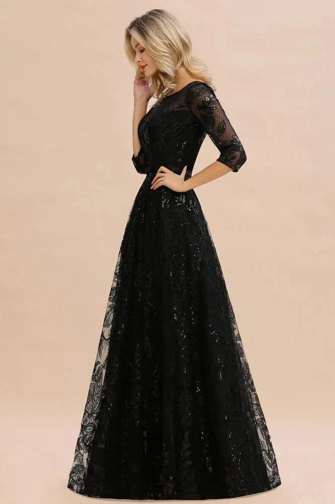 Charming Black Half Sleeves Tulle Sequins Evening Dress 20s Aline Prom Dress by misshow.com