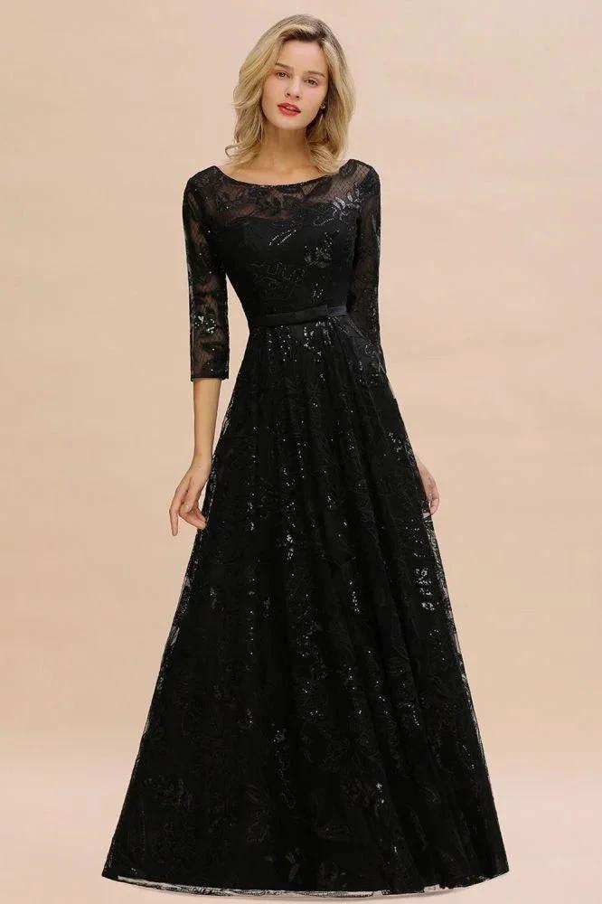 Charming Black Half Sleeves Tulle Sequins Evening Dress 20s Aline Prom Dress by misshow.com