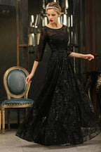 Charming Black Half Sleeves Tulle Sequins Evening Dress 20s Aline Prom Dress by misshow.com