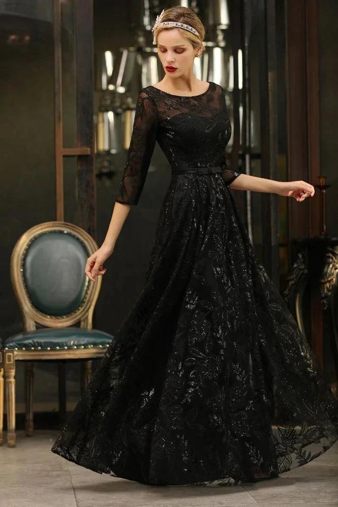 Charming Black Half Sleeves Tulle Sequins Evening Dress 20s Aline Prom Dress by misshow.com