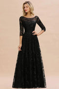 Charming Black Half Sleeves Tulle Sequins Evening Dress 20s Aline Prom Dress by misshow.com