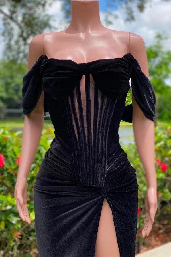 Charming Black Long Mermaid Off the Shoulder Velvet Prom Dress with Slit by BIZTUNNEL