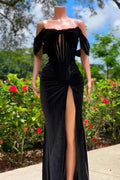 Charming Black Long Mermaid Off the Shoulder Velvet Prom Dress with Slit by BIZTUNNEL