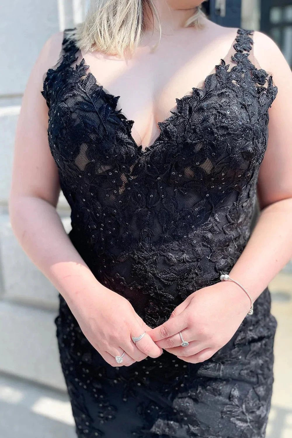 Charming Black Long Mermaid V-neck Lace Tulle Open Back Prom Dress by BIZTUNNEL