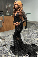 Charming Black V-neck Mermaid Prom Dress With Long Sleeves by misshow.com