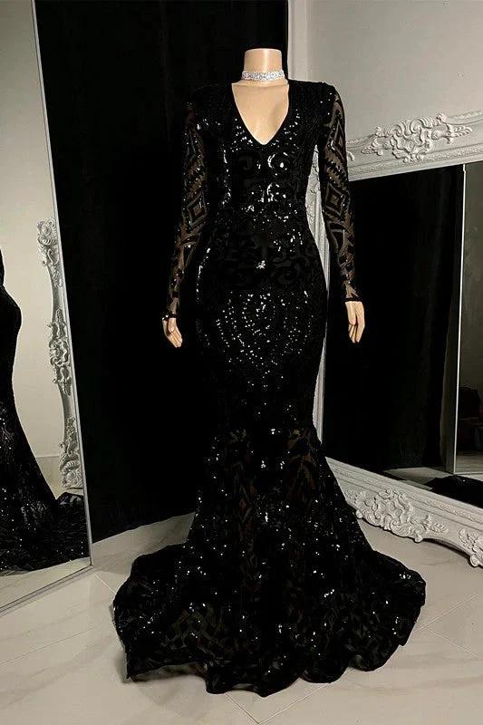 Charming Black V-neck Mermaid Prom Dress With Long Sleeves by misshow.com