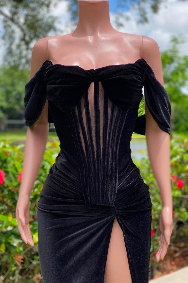 Charming Black Velvet Off-The-Shoulder Mermaid Sleeveless Prom Dress With Slit