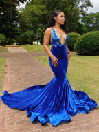 Charming Blue Spaghetti Straps V-neck Transparent lace Column Mermaid Prom Dresses by misshow.com
