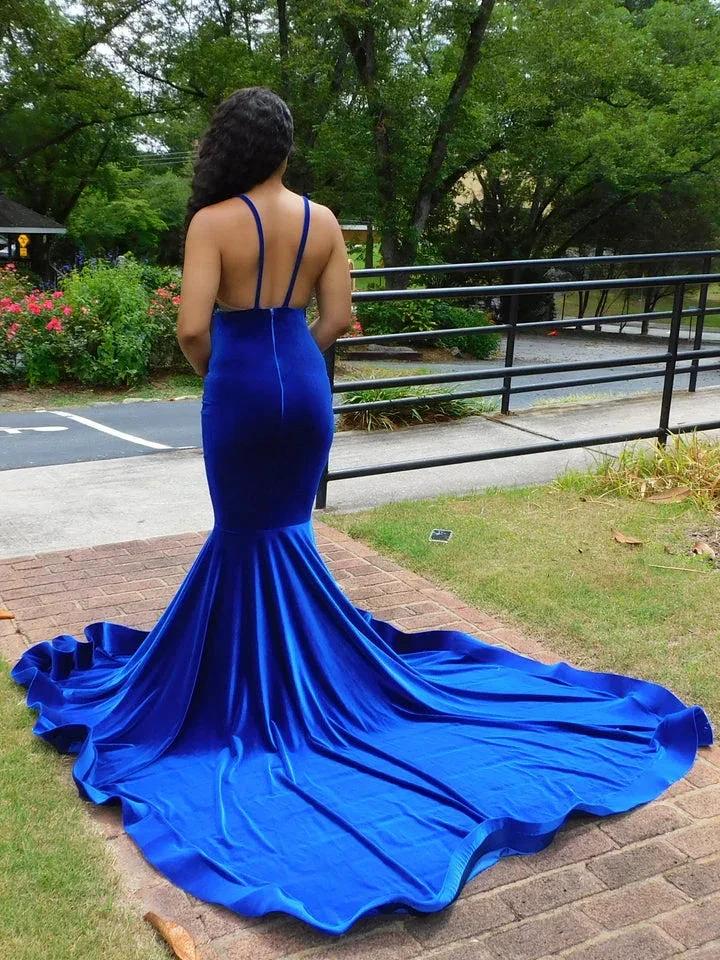 Charming Blue Spaghetti Straps V-neck Transparent lace Column Mermaid Prom Dresses by misshow.com