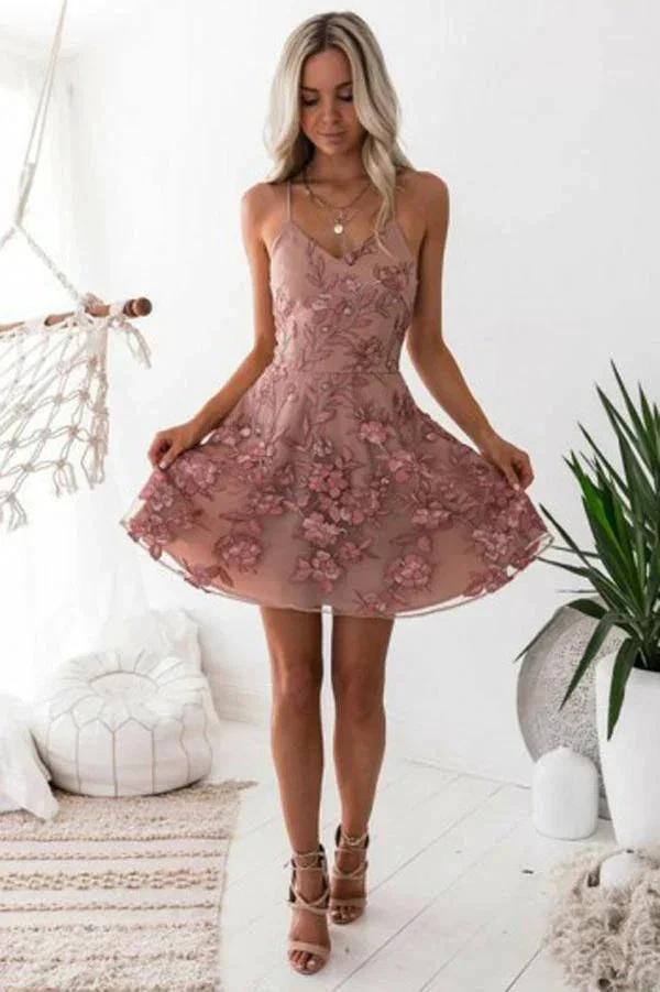 Charming Blush A-Line Homecoming Dresses Short Prom Dress with Appliques PD339 by pgmdress