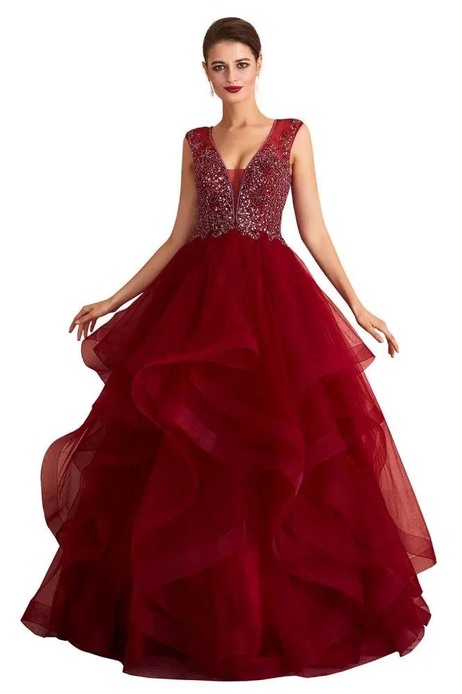 Charming Burgundy Sleeveless Party Dress Aline Puffy Tulle Evenign Dress with Sequins by misshow.com