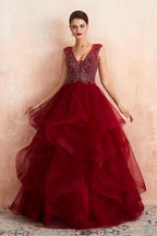 Charming Burgundy Sleeveless Party Dress Aline Puffy Tulle Evenign Dress with Sequins by misshow.com