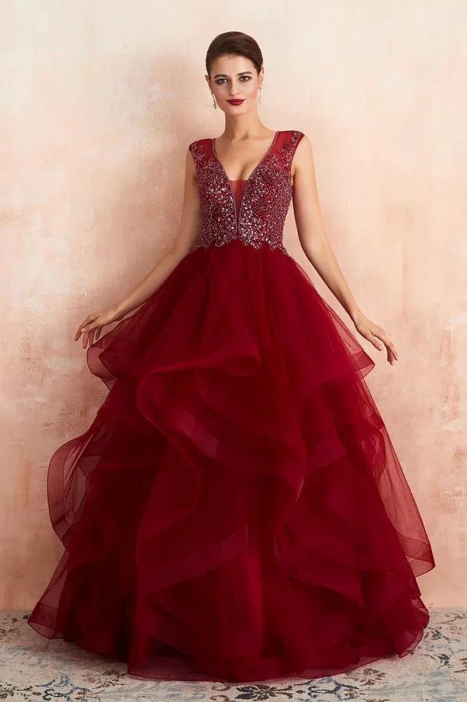 Charming Burgundy Sleeveless Party Dress Aline Puffy Tulle Evenign Dress with Sequins by misshow.com