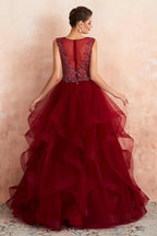 Charming Burgundy Sleeveless Party Dress Aline Puffy Tulle Evenign Dress with Sequins by misshow.com