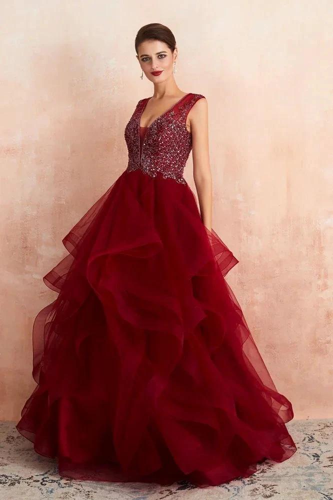 Charming Burgundy Sleeveless Party Dress Aline Puffy Tulle Evenign Dress with Sequins by misshow.com