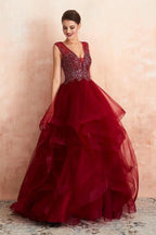 Charming Burgundy Sleeveless Party Dress Aline Puffy Tulle Evenign Dress with Sequins by misshow.com