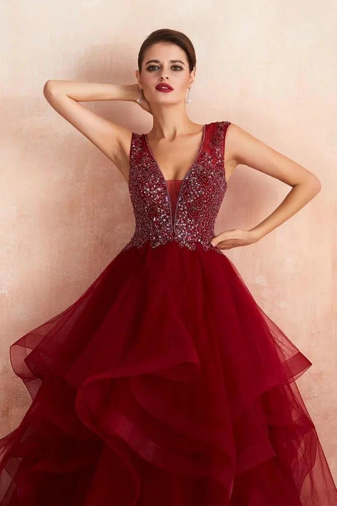 Charming Burgundy Sleeveless Party Dress Aline Puffy Tulle Evenign Dress with Sequins by misshow.com