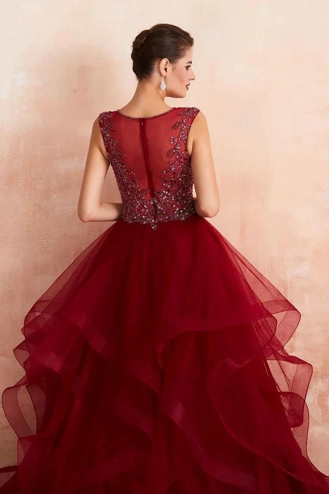 Charming Burgundy Sleeveless Party Dress Aline Puffy Tulle Evenign Dress with Sequins by misshow.com