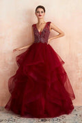 Charming Burgundy Sleeveless Party Dress Aline Puffy Tulle Evenign Dress with Sequins by misshow.com