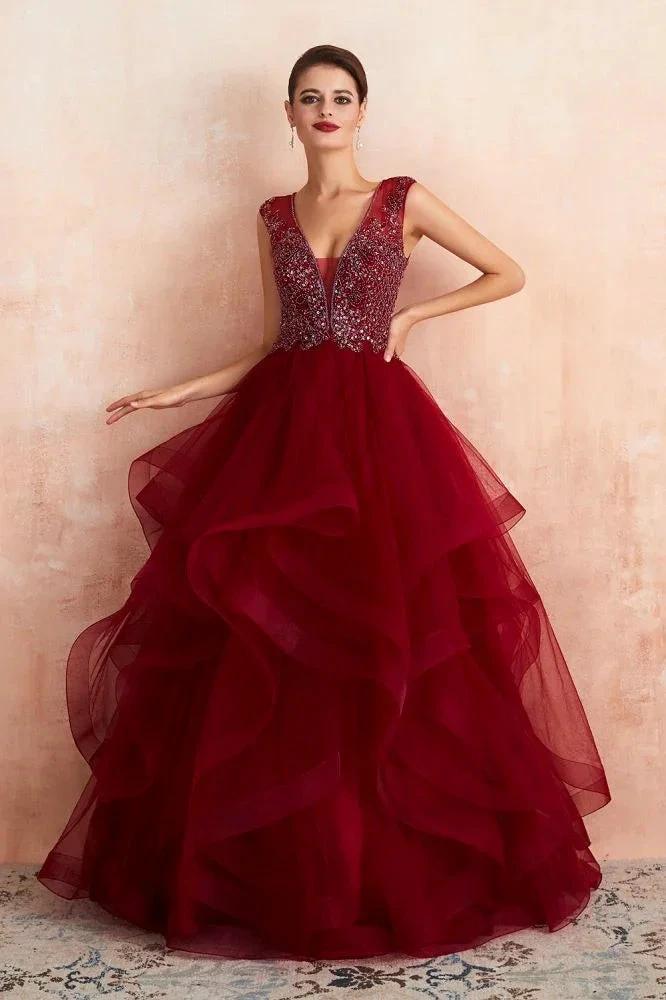 Charming Burgundy Sleeveless Party Dress Aline Puffy Tulle Evenign Dress with Sequins by misshow.com