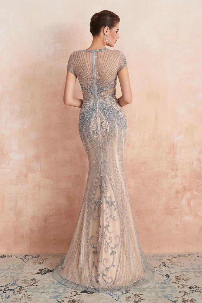Charming Cap Sleeve Beading Mermaid Prom Dress Crew Neck Evening Party Gown by misshow.com